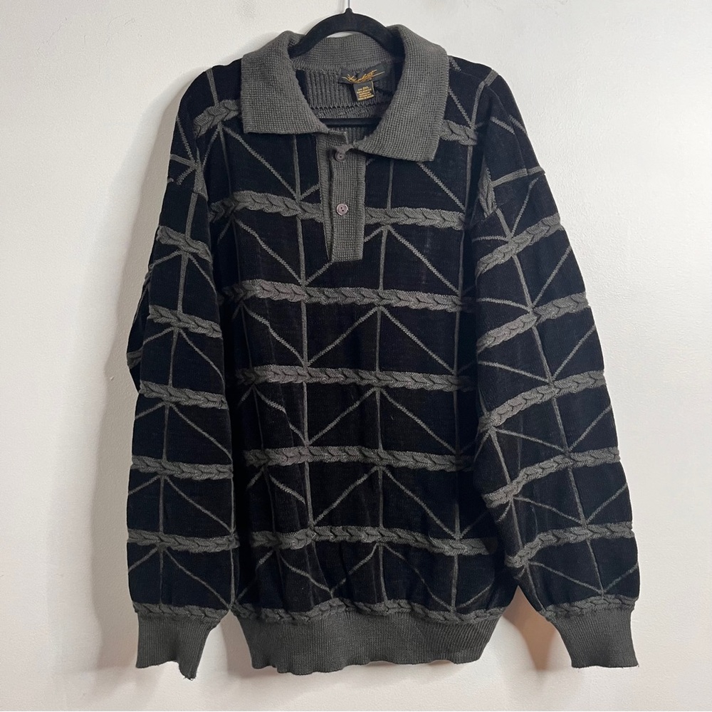 Knockout Vintage 90s Polo Collar 3D knit Geometric Patterned Sweater Size 2XL